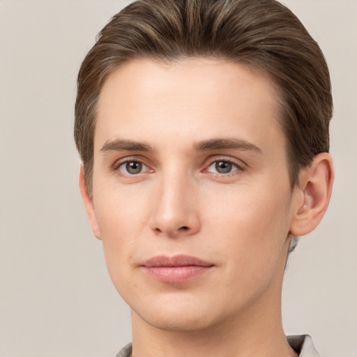 Neutral white young-adult male with short  brown hair and brown eyes