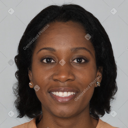 Joyful black young-adult female with medium  black hair and brown eyes