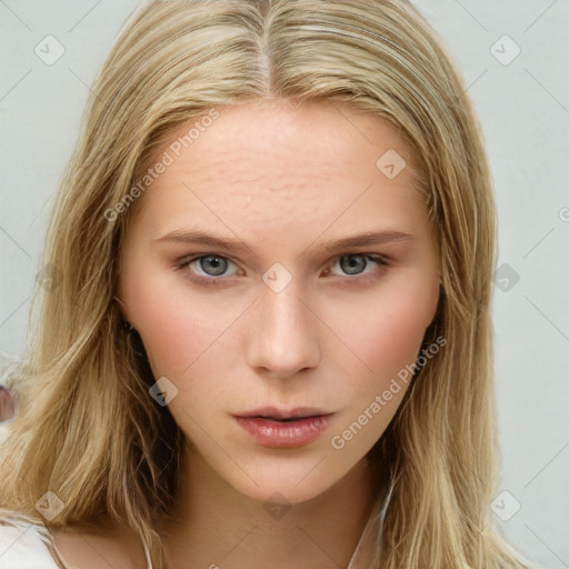 Neutral white young-adult female with long  brown hair and brown eyes