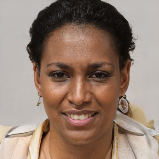 Joyful latino adult female with short  brown hair and brown eyes