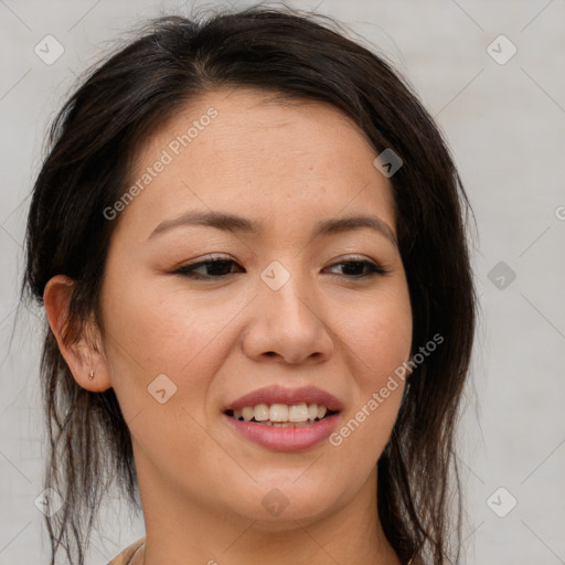 Joyful asian young-adult female with long  brown hair and brown eyes