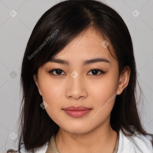 Neutral asian young-adult female with medium  black hair and brown eyes