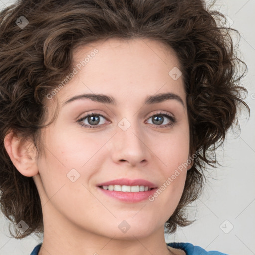 Joyful white young-adult female with medium  brown hair and green eyes