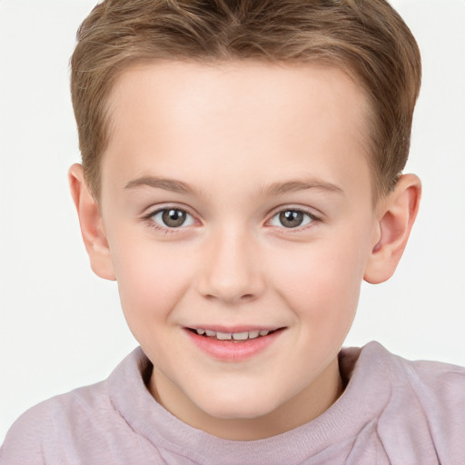 Joyful white child female with short  brown hair and brown eyes