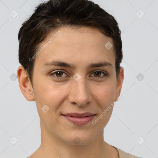 Joyful white young-adult female with short  brown hair and brown eyes