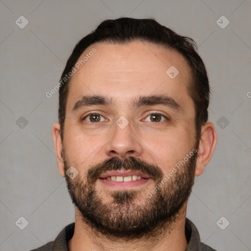 Neutral white adult male with short  brown hair and brown eyes