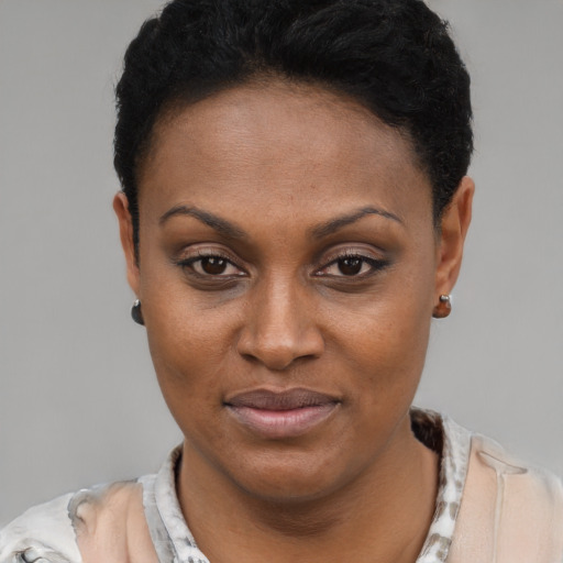 Joyful black young-adult female with short  brown hair and brown eyes