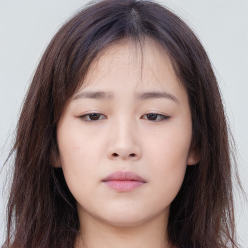 Neutral asian young-adult female with long  brown hair and brown eyes