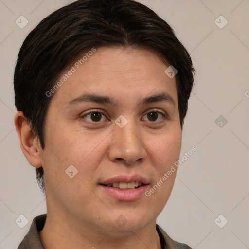 Joyful white young-adult female with short  brown hair and brown eyes