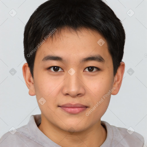 Neutral asian young-adult male with short  brown hair and brown eyes