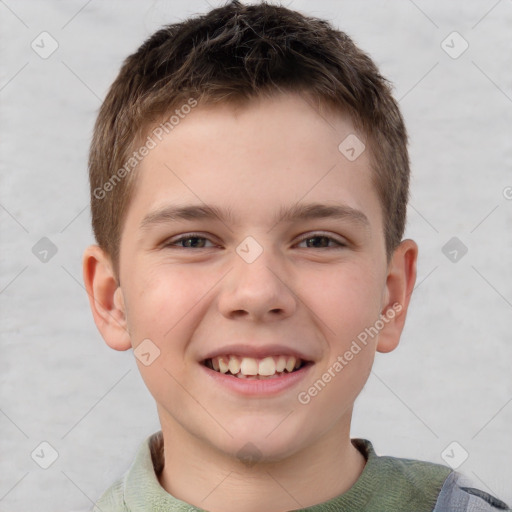 Joyful white child male with short  brown hair and brown eyes