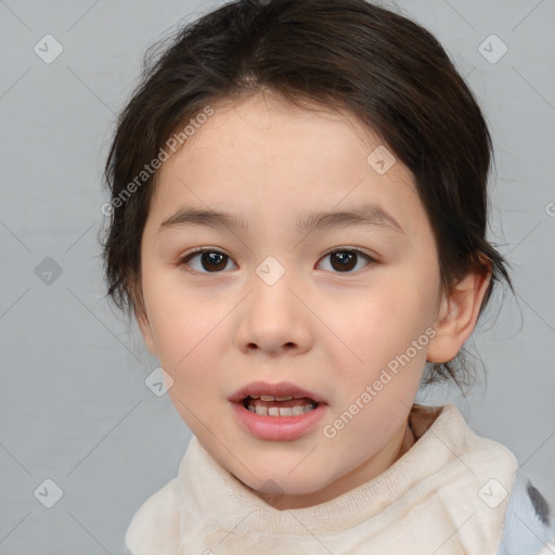 Joyful white child female with medium  brown hair and brown eyes