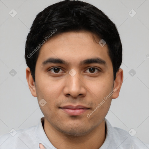 Joyful latino young-adult male with short  black hair and brown eyes