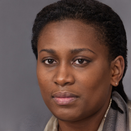 Neutral black young-adult female with short  brown hair and brown eyes
