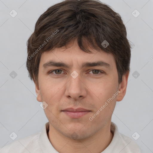 Neutral white young-adult male with short  brown hair and brown eyes