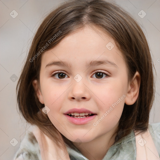 Joyful white child female with medium  brown hair and brown eyes