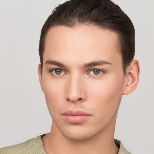 Neutral white young-adult male with short  brown hair and brown eyes