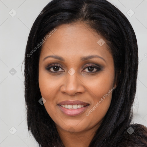 Joyful asian young-adult female with long  brown hair and brown eyes