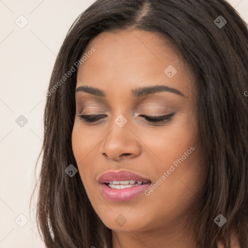 Joyful white young-adult female with long  brown hair and brown eyes