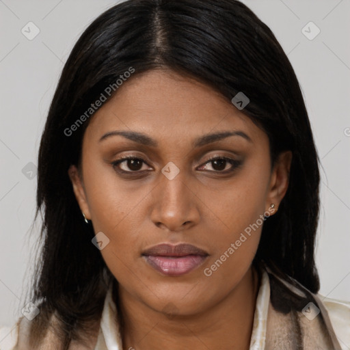 Neutral asian young-adult female with long  brown hair and brown eyes