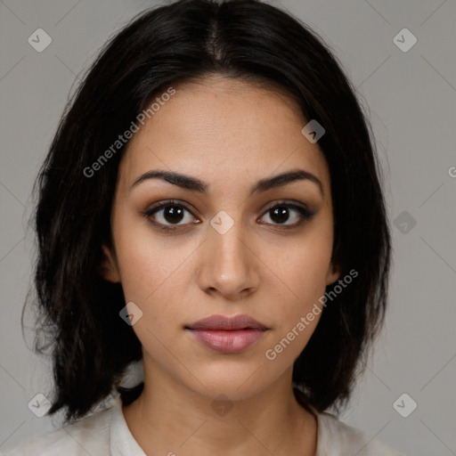 Neutral latino young-adult female with medium  black hair and brown eyes