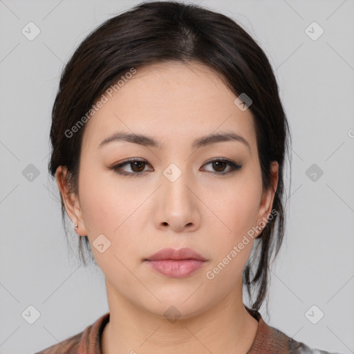 Neutral asian young-adult female with medium  brown hair and brown eyes