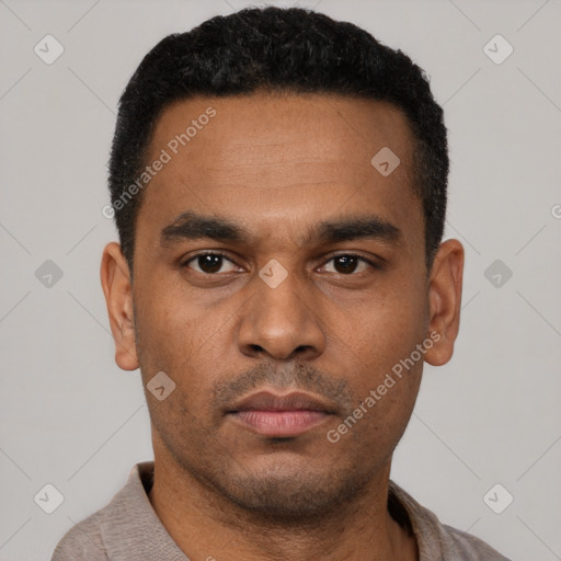 Neutral latino young-adult male with short  black hair and brown eyes