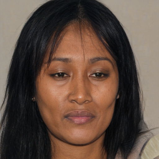 Joyful asian adult female with long  brown hair and brown eyes