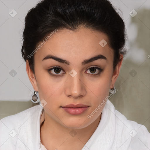 Neutral white young-adult female with medium  brown hair and brown eyes