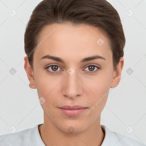 Neutral white young-adult female with short  brown hair and brown eyes