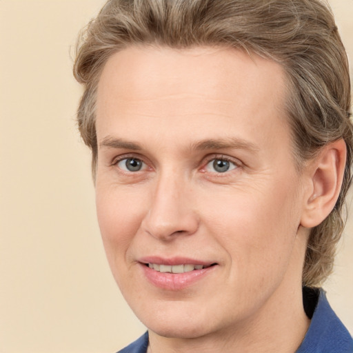 Joyful white adult male with medium  brown hair and grey eyes