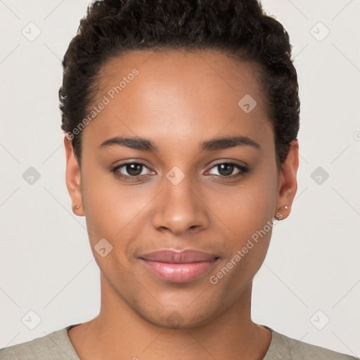 Joyful latino young-adult female with short  brown hair and brown eyes