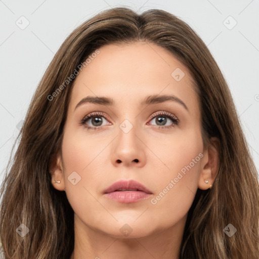 Neutral white young-adult female with long  brown hair and brown eyes