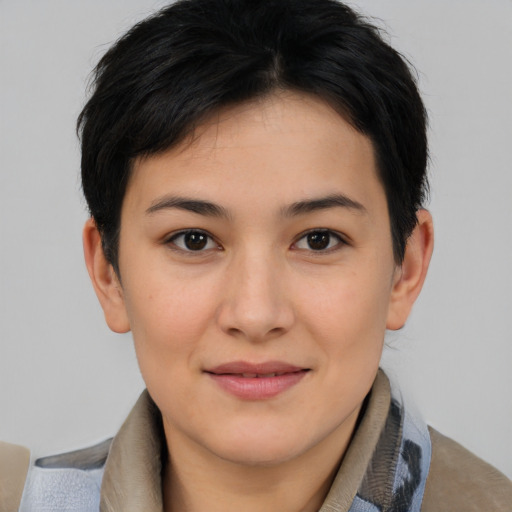 Joyful asian young-adult female with short  brown hair and brown eyes