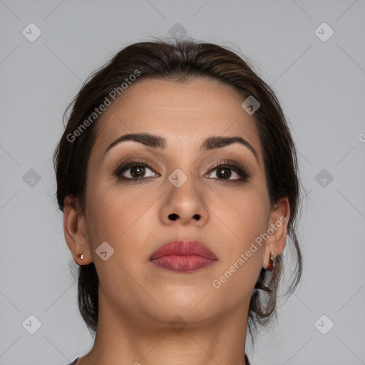 Neutral white young-adult female with medium  brown hair and brown eyes