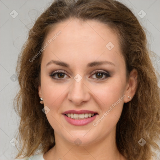 Joyful white young-adult female with medium  brown hair and green eyes