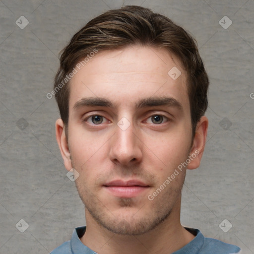 Neutral white young-adult male with short  brown hair and grey eyes