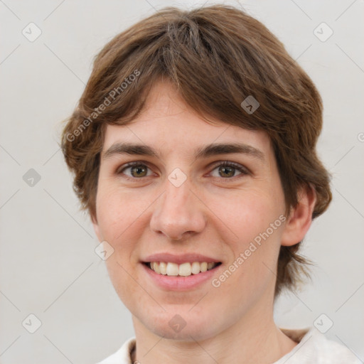 Joyful white young-adult female with medium  brown hair and green eyes