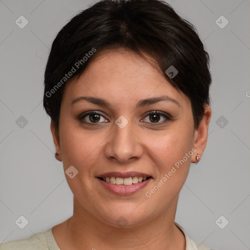 Joyful white young-adult female with short  brown hair and brown eyes