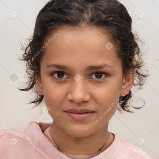 Joyful white child female with medium  brown hair and brown eyes