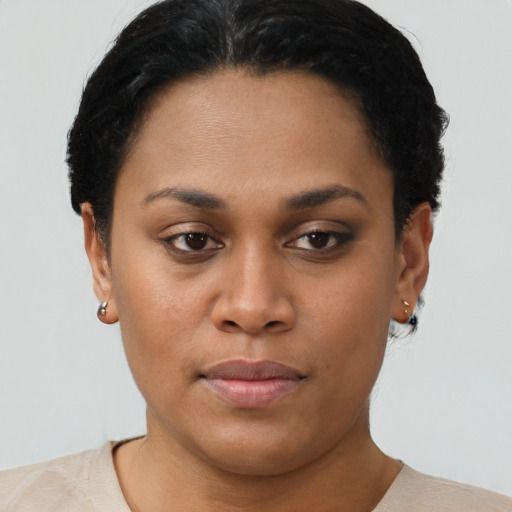 Neutral asian young-adult female with short  brown hair and brown eyes