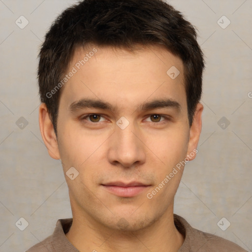 Neutral white young-adult male with short  brown hair and brown eyes