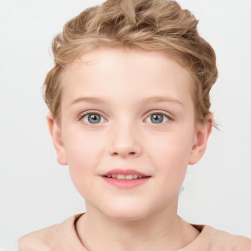 Joyful white child female with short  brown hair and grey eyes