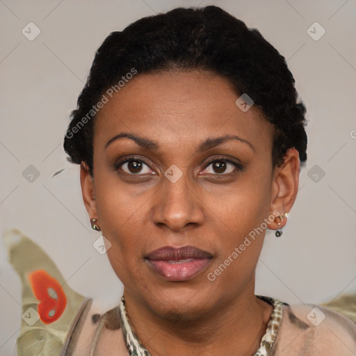 Joyful latino young-adult female with short  black hair and brown eyes