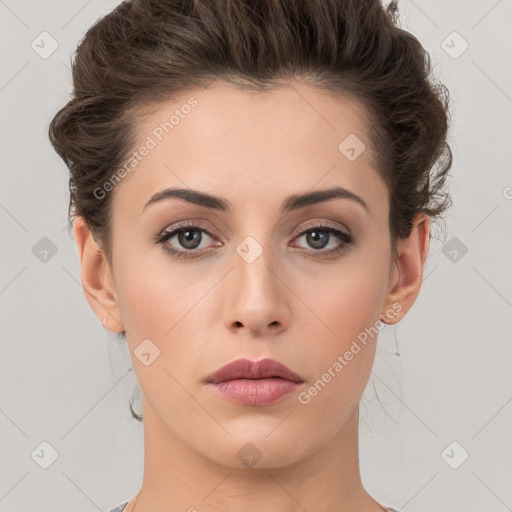 Neutral white young-adult female with short  brown hair and brown eyes