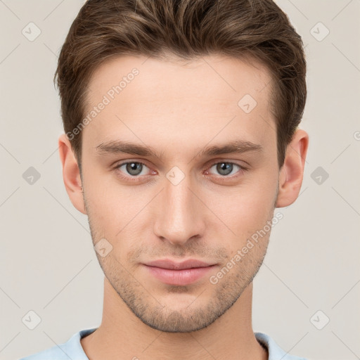 Neutral white young-adult male with short  brown hair and grey eyes