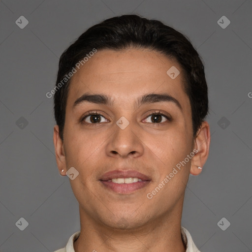 Joyful white young-adult female with short  brown hair and brown eyes