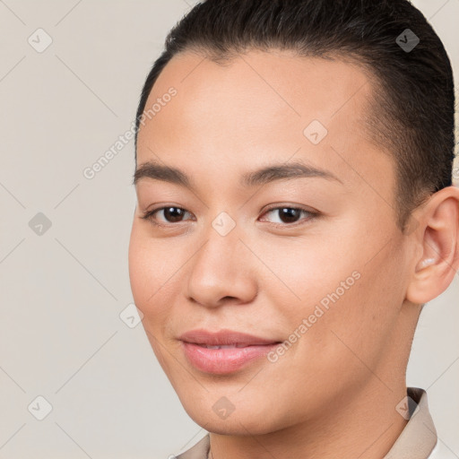 Joyful white young-adult female with short  brown hair and brown eyes