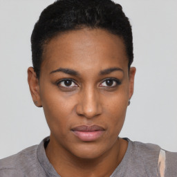 Neutral black young-adult female with short  black hair and brown eyes