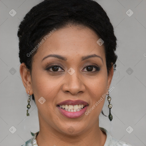 Joyful latino adult female with short  brown hair and brown eyes